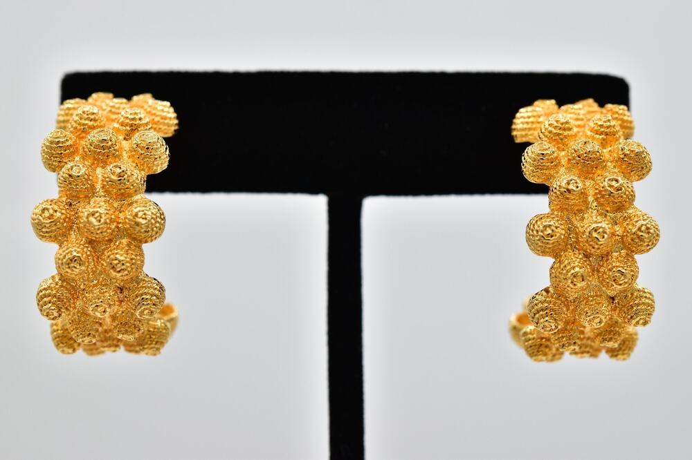 Vintage Textured Gold Rosette Half Hoop Earrings Etruscan Statement 1980s BinAZ